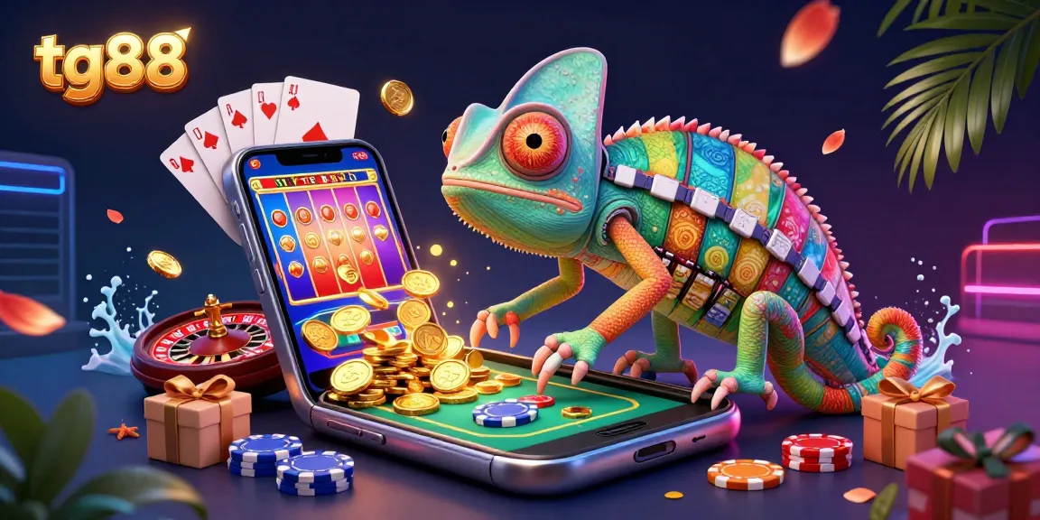 Engage with the vibrant tg88 casino scene featuring a colorful chameleon owner, golden coins, and dynamic slot games.