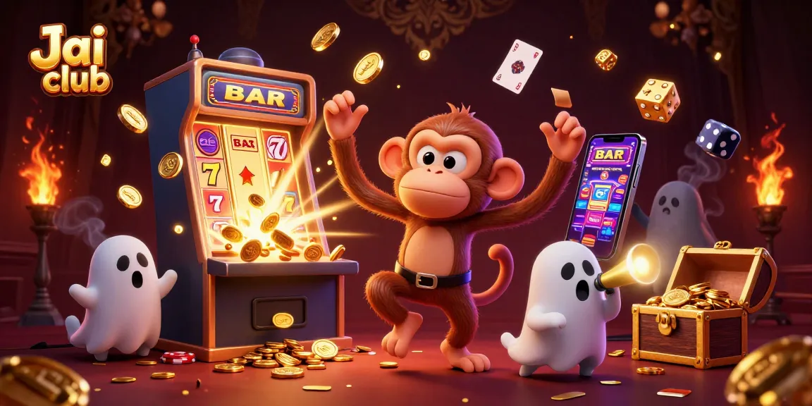 Experience thrilling slots action at Jai club with a lively monkey juggling gold in a haunted casino scene.
