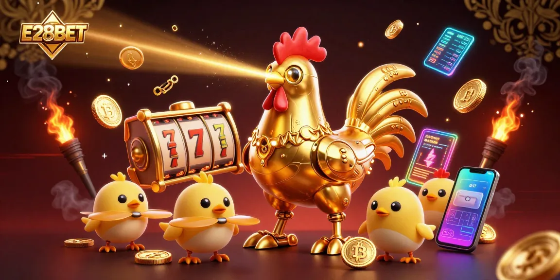 E28BET features a golden rooster robot shooting lasers, with slot elements in a vibrant casino scene.