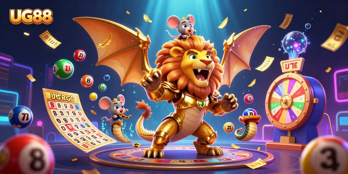 Engage in thrilling gameplay with UG88 as a victorious chimera champion and mouse jockey amidst colorful lottery elements.