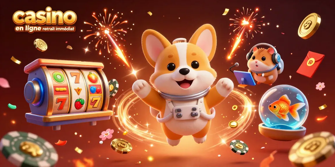 Profitez de jeux à casino en ligne avec retrait immédiat avec des personnages colorés et des éléments festifs flottants.