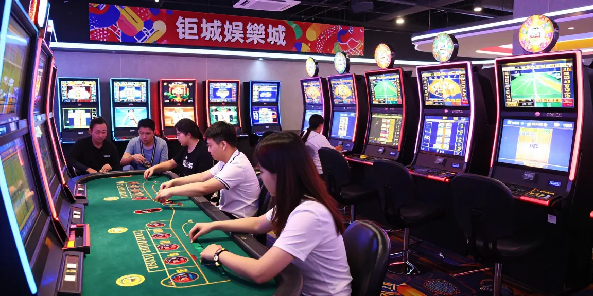 Exciting gaming atmosphere at 鉅城娛樂城 with players enjoying live dealer games and vibrant slot machines.