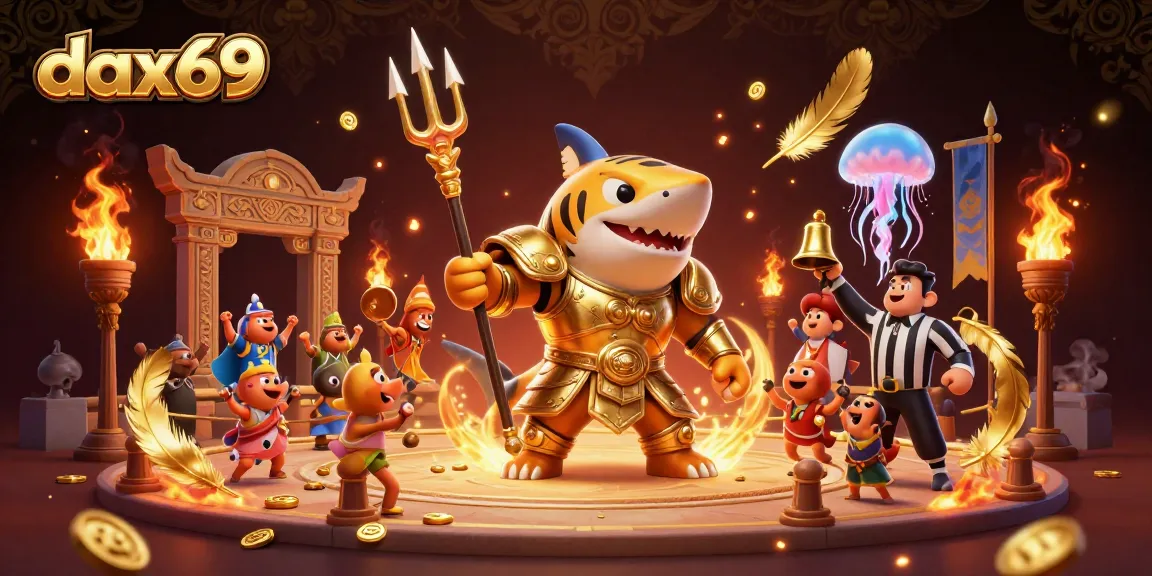 Permainan slot gacor dax69 menampilkan hiu kartun garang yang beraksi dengan armor emas di arena bawah air.