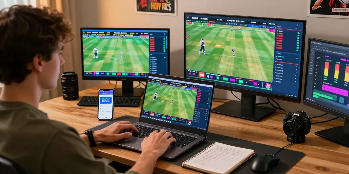 Engaged user placing bets on Fairplay24's online platform with multiple screens showing real-time cricket stats.