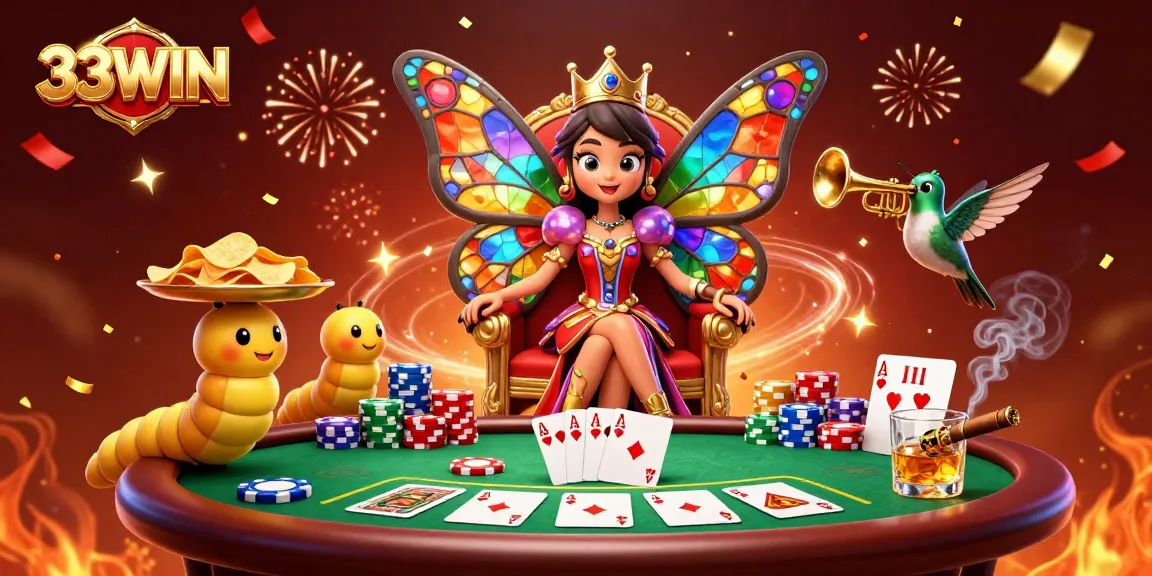 Engage with 33WIN's vibrant casino scene featuring a butterfly queen, poker elements, and festive details.