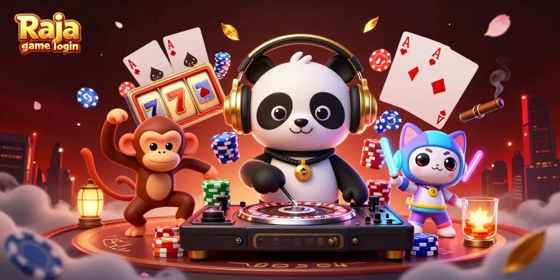 Engage in thrilling gaming with Raja game login, alongside vibrant 3D characters in a lively casino setting.
