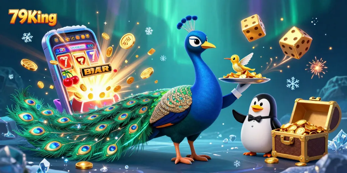 Experience the excitement of 79King with a vibrant 3D illustration showcasing a peacock, butler penguin, and hummingbird surrounded by casino elements.