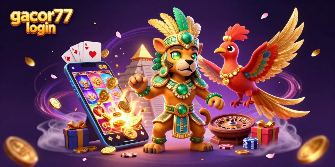 Permainan gacor77 login yang menarik dengan simbol slot yang menang dan elemen kasino lainnya.