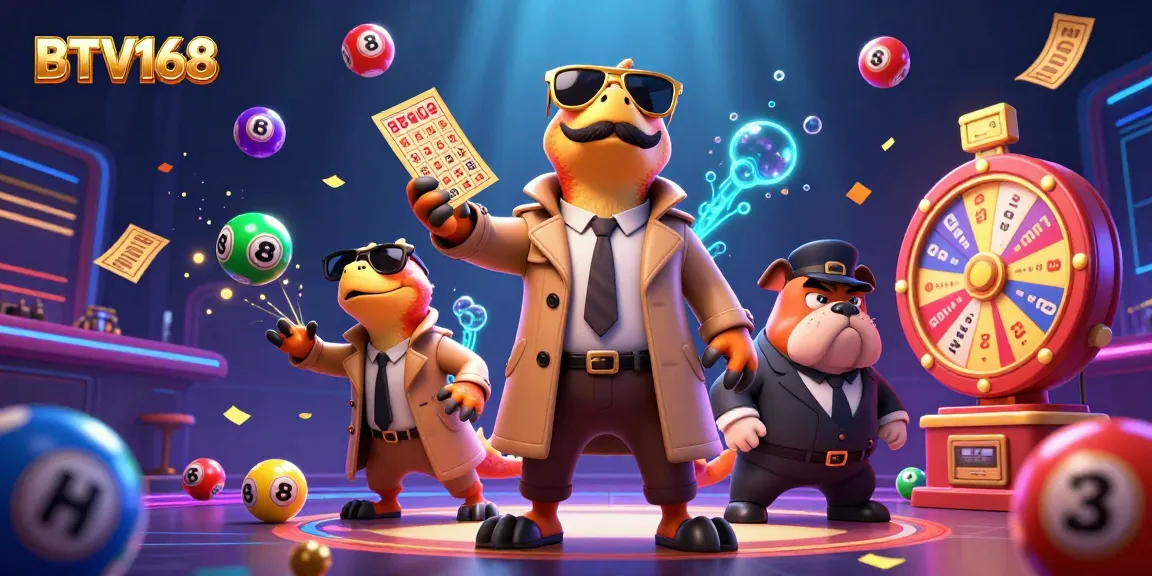 BTV168 raptors disguise to enter a casino while bouncing lottery balls animate the scene.