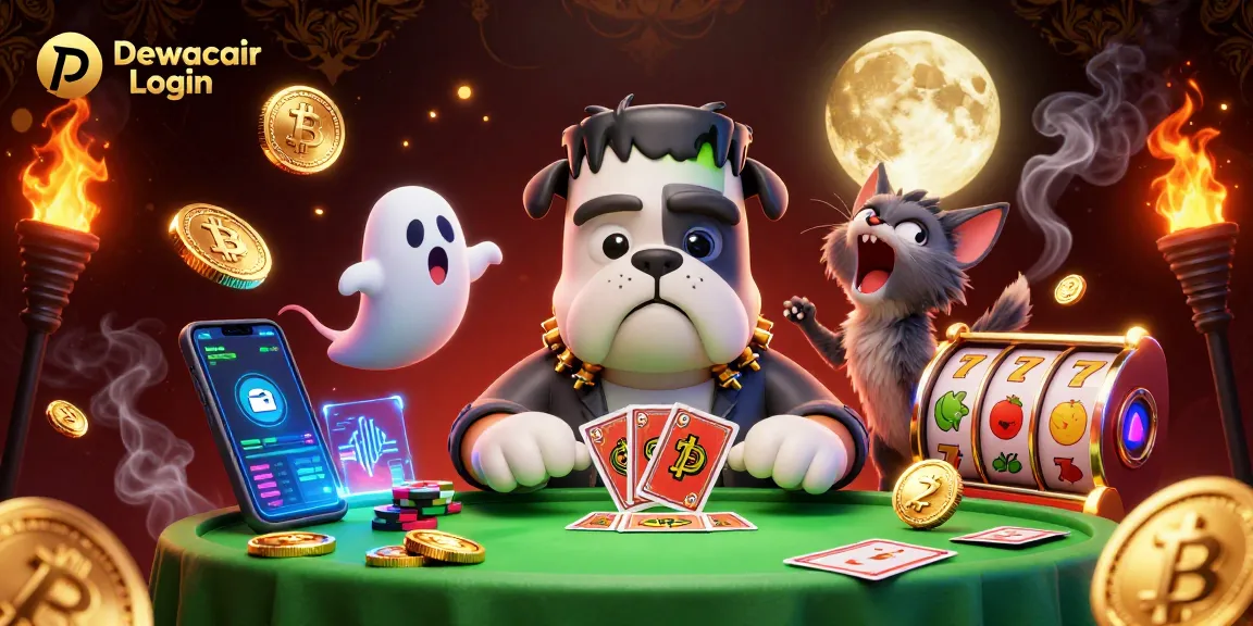 Dewacair Login showcases a lively scene with a monster dealer handling cards among cryptocurrencies.