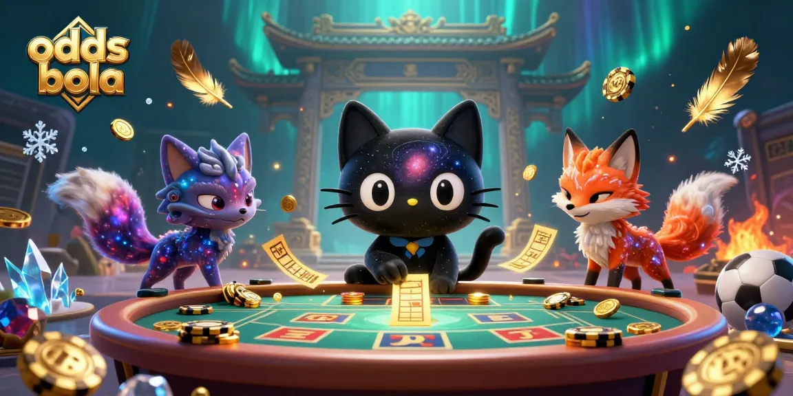 Engage with odds bola at a vibrant cosmic sports betting scene featuring a black hole cat and a nebula fox.