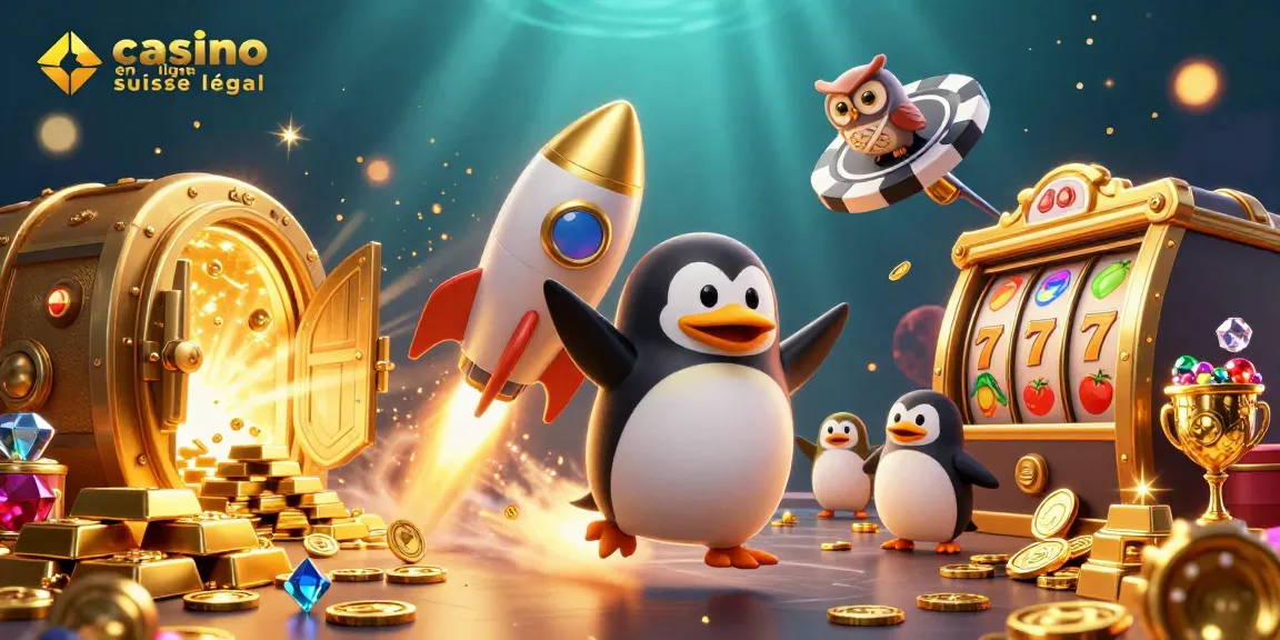 Jouer à des jeux captivants dans un casino en ligne suisse légal illustré par un pingouin en or fantastique.