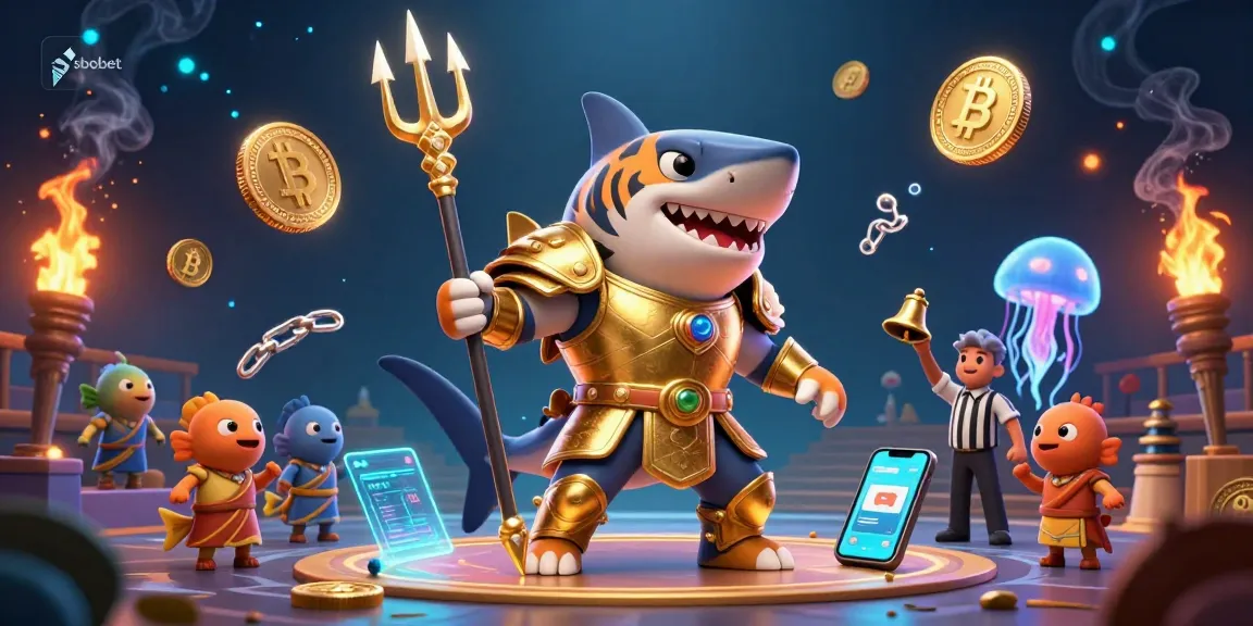Bet on sbobet in an ultra-detailed scene with a tiger shark, golden elements, and exciting cryptocurrency features.