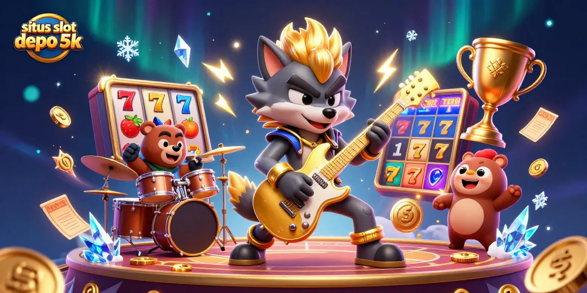 Sparks fly as the wolf slays it on stage at situs slot depo 5k, showcasing thrilling slot elements and vibrant animation.