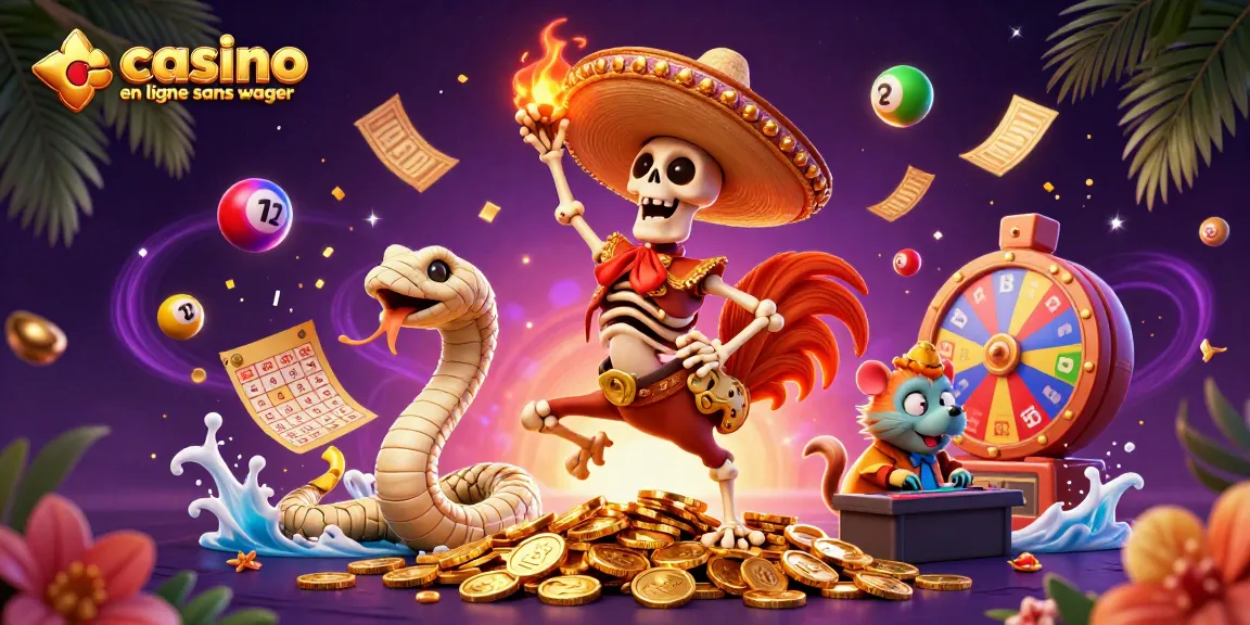 Un rooster mariachi dansant parmi des pièces d'or, pour promouvoir casino en ligne sans wager.