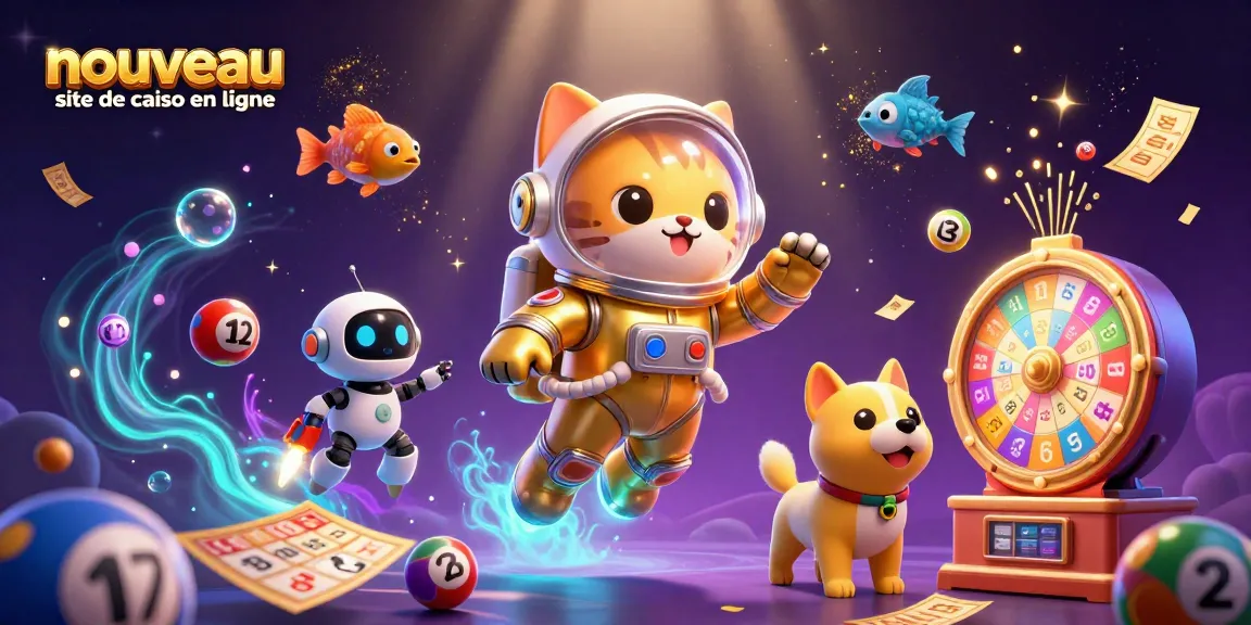 Plongez dans l'univers du nouveau site de casino en ligne avec cette illustration dynamique illustrant un chat astronaute et des éléments de jeu captivants.