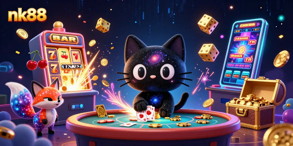 Experience the excitement at nk88's vibrant cosmic casino with dynamic characters and winning elements.