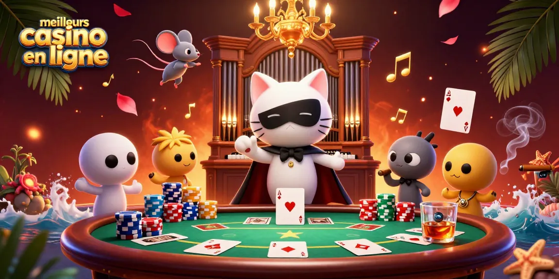 Joue aux meilleurs casinos en ligne avec des chats énigmatiques et des éléments de poker vibrants dans une scène dynamique.
