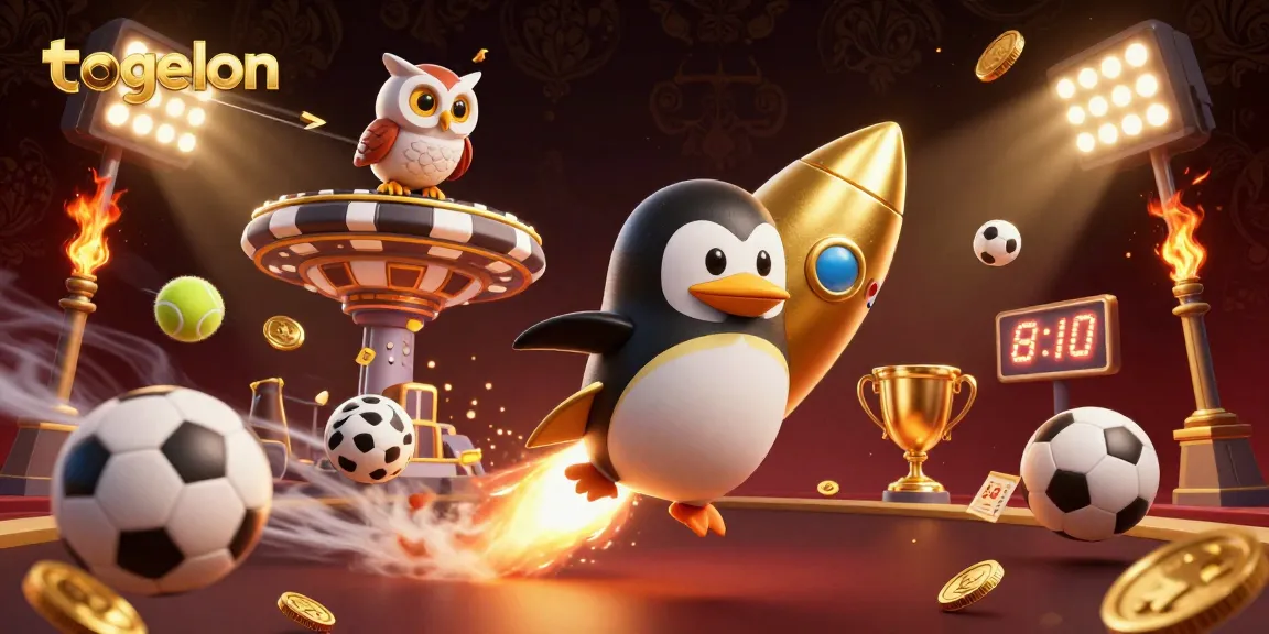 Engaging togelon scene with a golden penguin and dynamic sports elements in a casino space.
