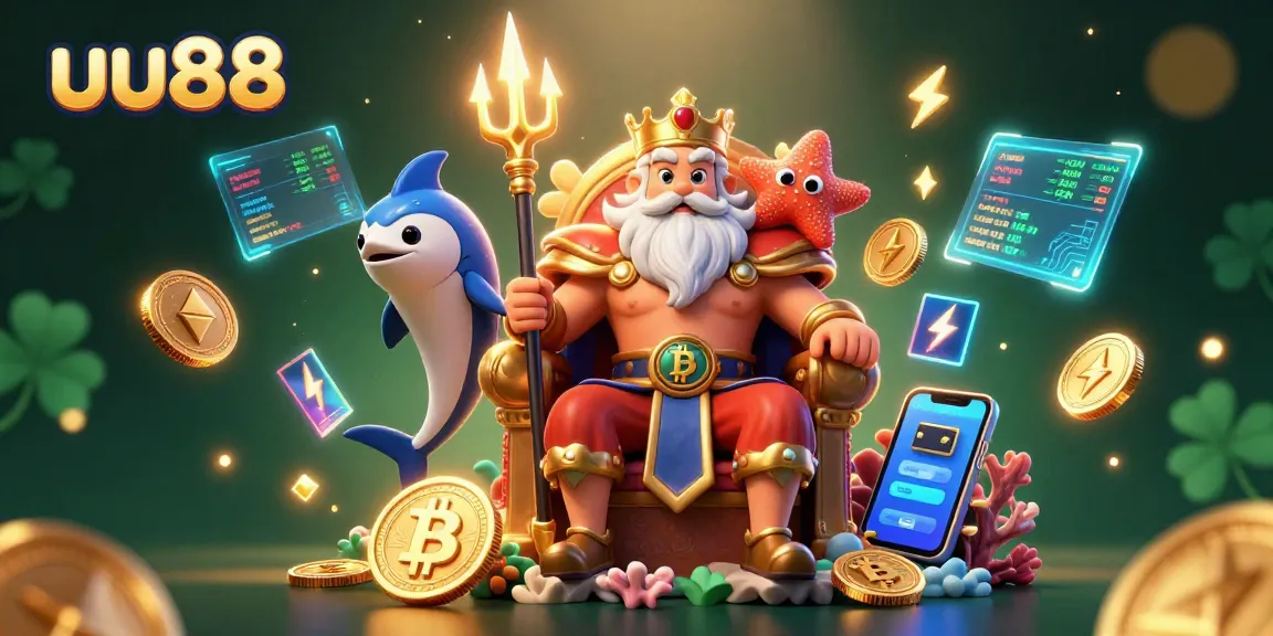 Join the excitement at uu88's casino with Neptune and samurai amidst glowing crypto elements.