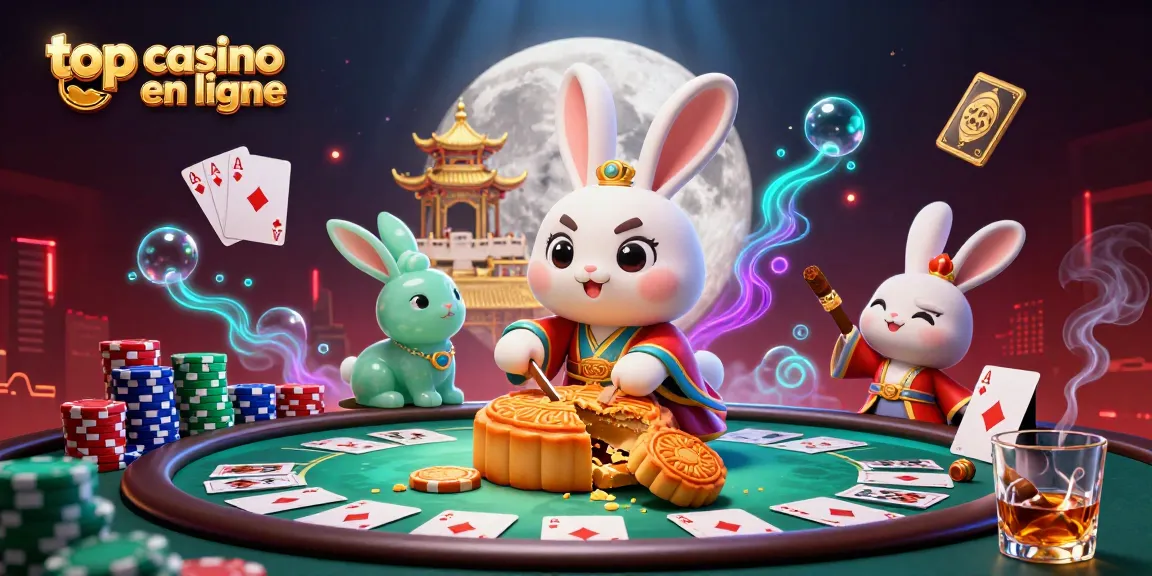 Top casino en ligne : lapins lunaires jouant aux cartes dans un palais doré