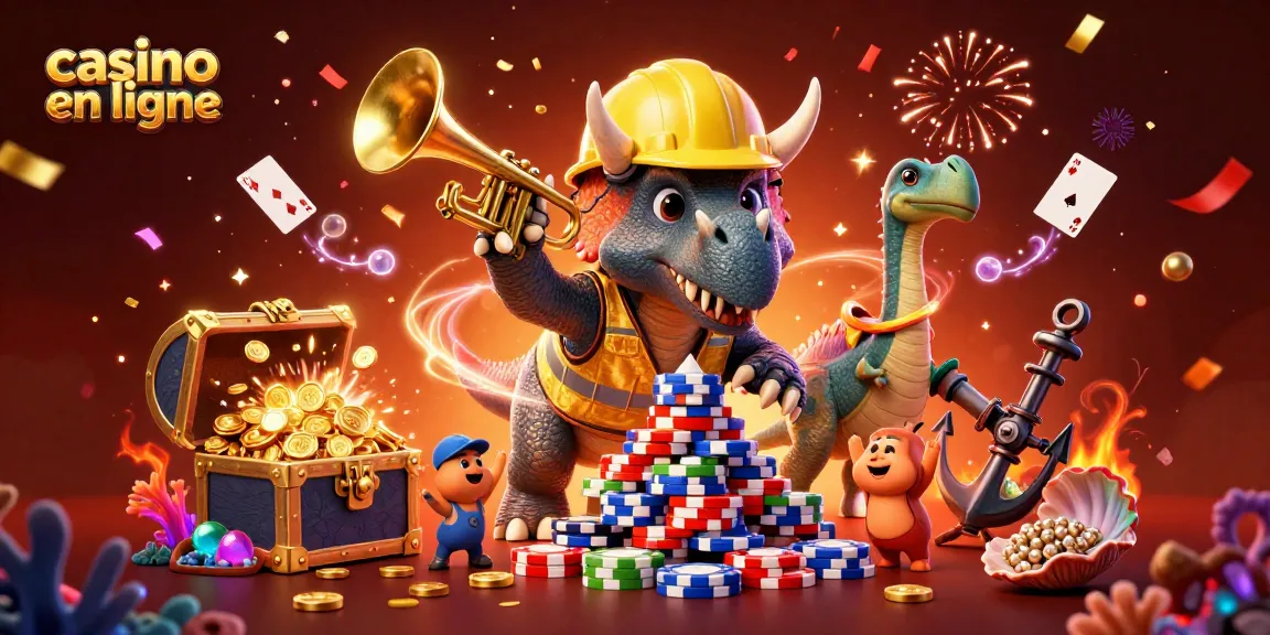 Construisez votre stratégie de casino en ligne avec des personnages de dinosaures et des éléments festifs.