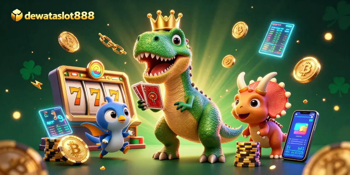 dewataslot888 bermain slot online dengan karakter dino ceria dan koin digital yang bersinar