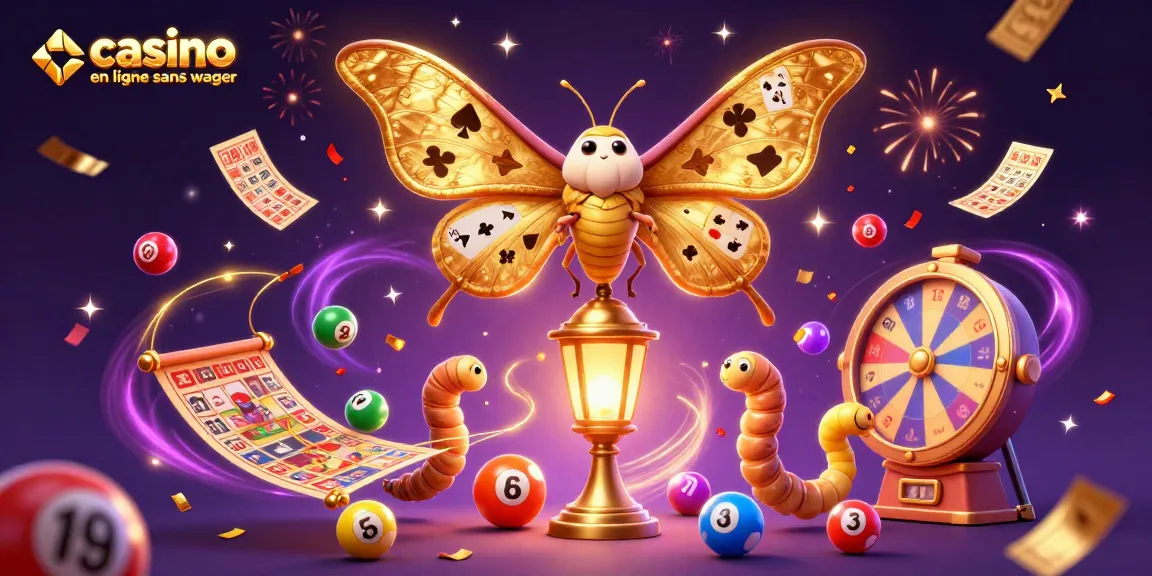 Visuel captivant sur un casino en ligne sans wager avec une illustration d'un papillon atlas et des ballons de loterie colorés.