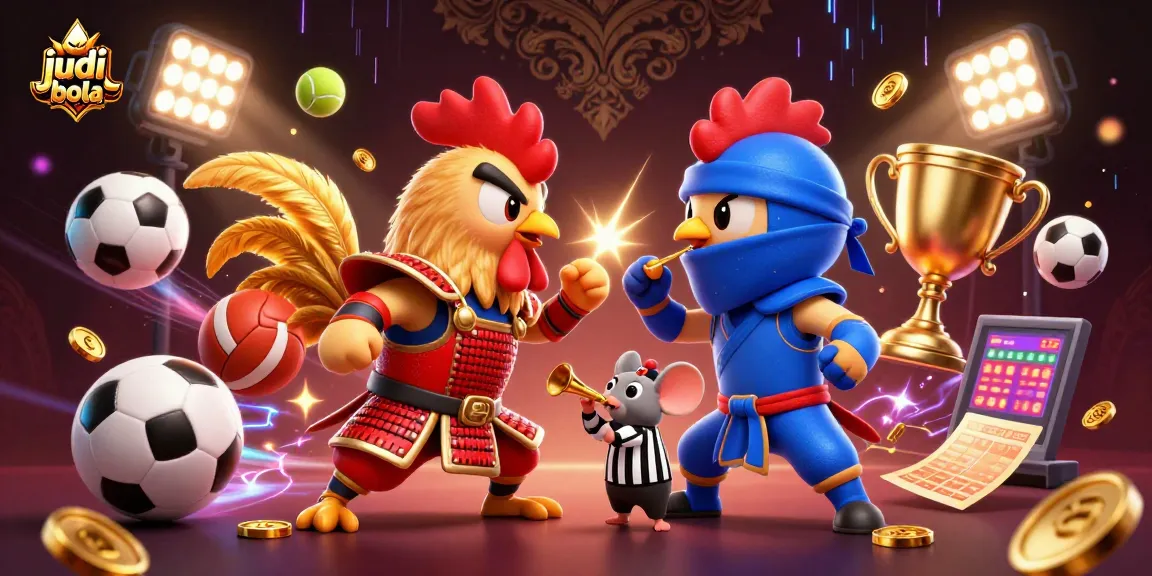 Engage in judi bola with an action-packed scene featuring roosters, sports balls, and vibrant elements.