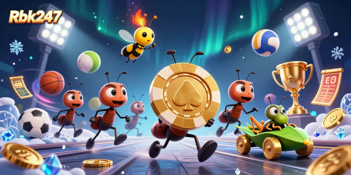 Rbk247 showcases ants executing a heist with a golden poker chip in an energetic casino scene.