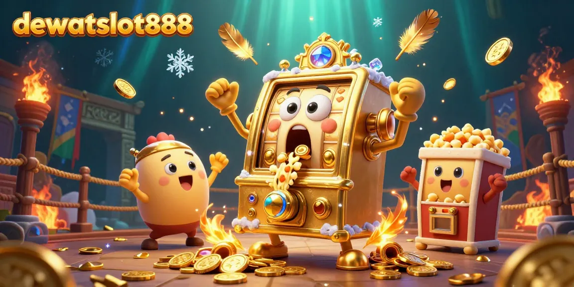 Menggali kemenangan di dewataslot888 dengan mesin slot emas menunjukkan kejutan saat koin berhamburan, didampingi mesin slot kecil.