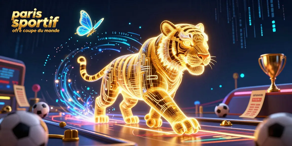 Pariez avec "paris sportif offre coupe du monde" grâce à une illustration dynamique de tigres et trophées.