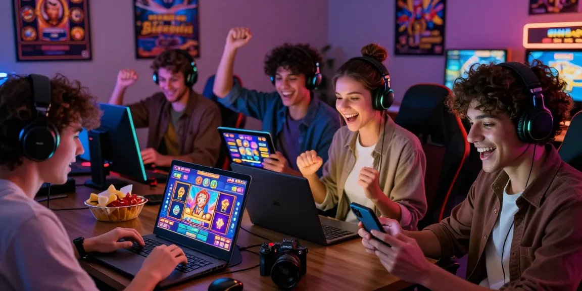 Players enjoying a kecak4d online slot game in a vibrant gaming setup, showcasing excitement and winning moments.