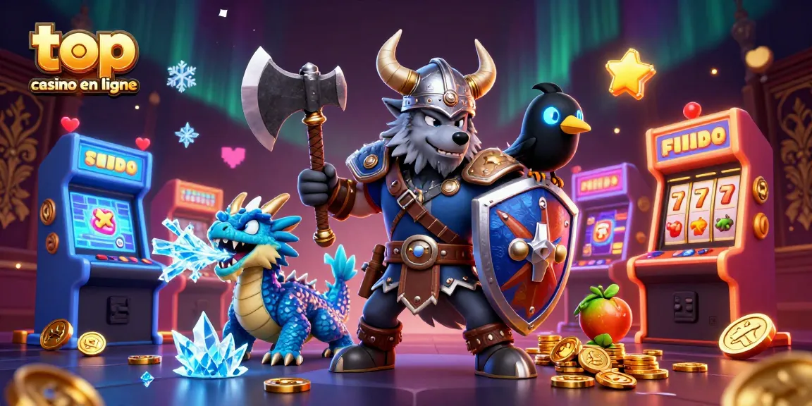 Jouer au top casino en ligne avec un guerrier viking, un dragon et des éléments de jeux d'arcade animés.